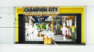 An artist's rendering of the front of a retail store called Champion City Sports that shows travelers shopping.