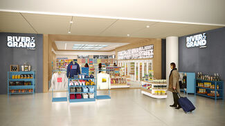 An artist rendering of the front of a new retail store shows a glimpse of products and a traveler pulling a suitcase.